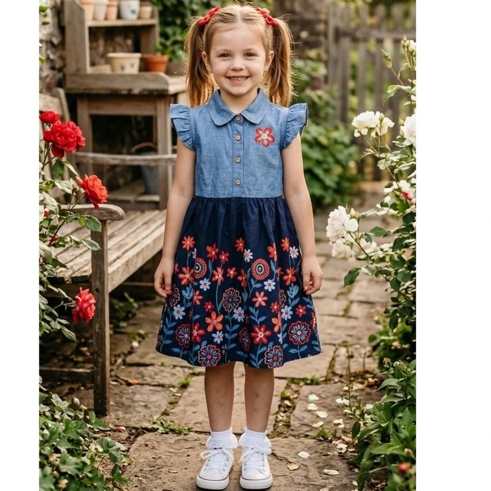 Picapino Girls 6 Chambray Denim Floral Skirt Dress Flutter Sleeve Button Front